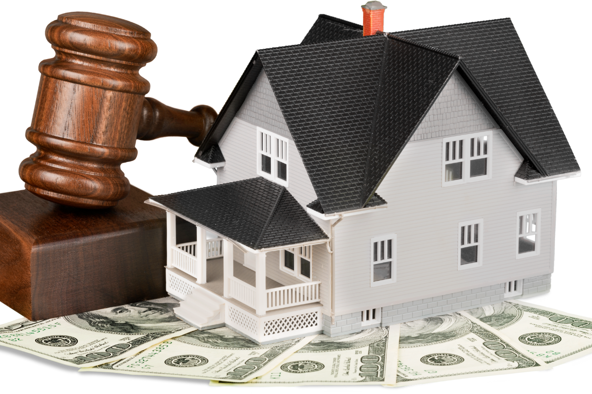 image of estate sale house with gavel and cash